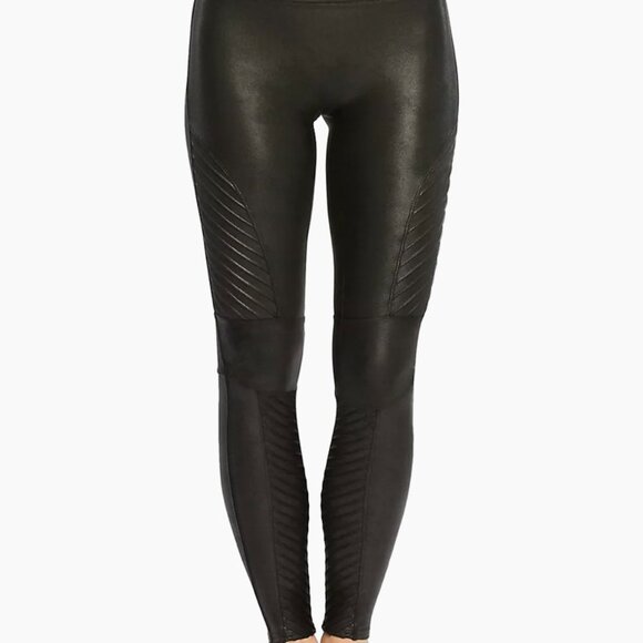 SPANX FAUX LEATHER BLAACK QUILTED LEGGINGS M - Picture 1 of 8